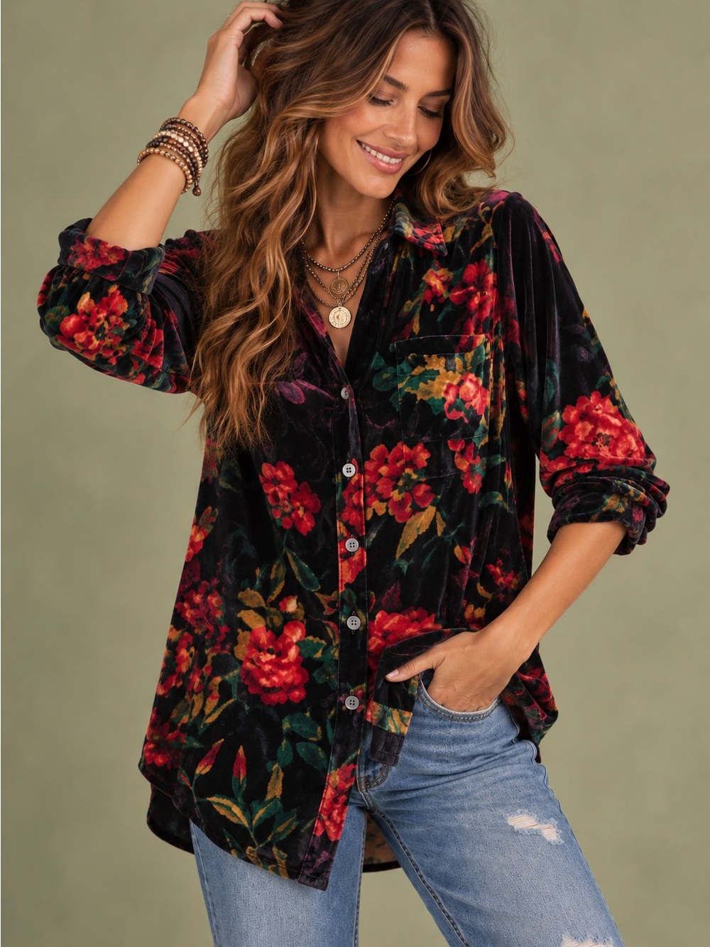 Soft Surroundings Floral Velvet Button-Up Shirt - Black with Red Floral